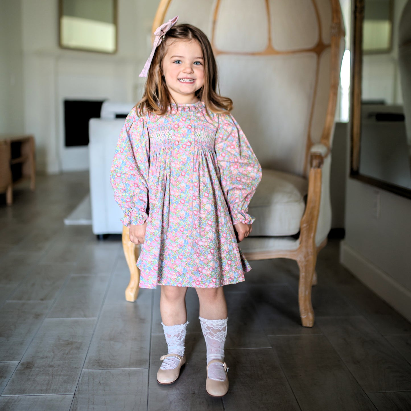 Hand-Smocked Pastel Blue Floral Dress,3M-7T