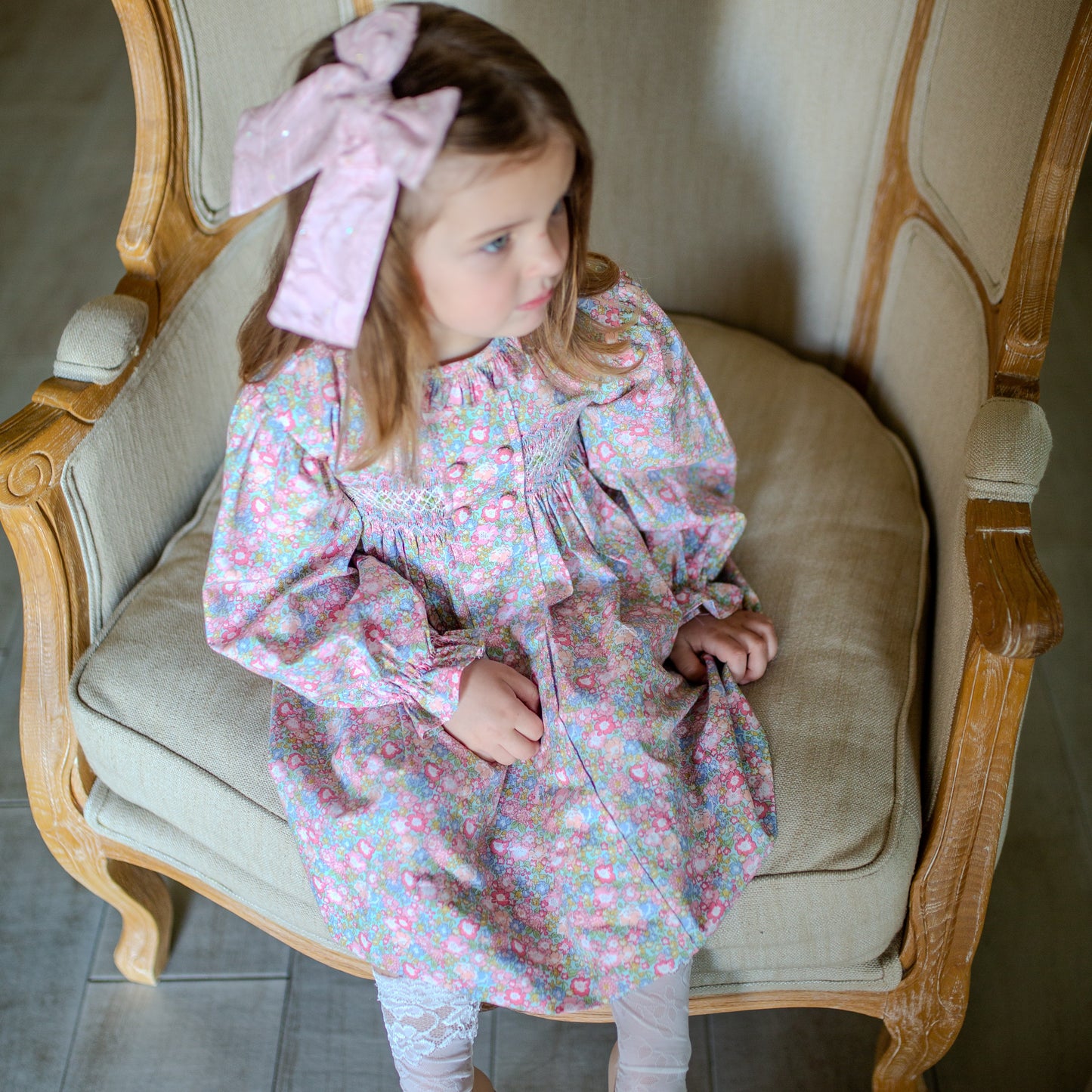 Hand-Smocked Pastel Blue Floral Dress,3M-7T