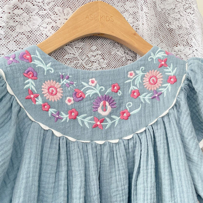 Fly Sleeves Embroidered Dress,Blue/White,2T to 8T