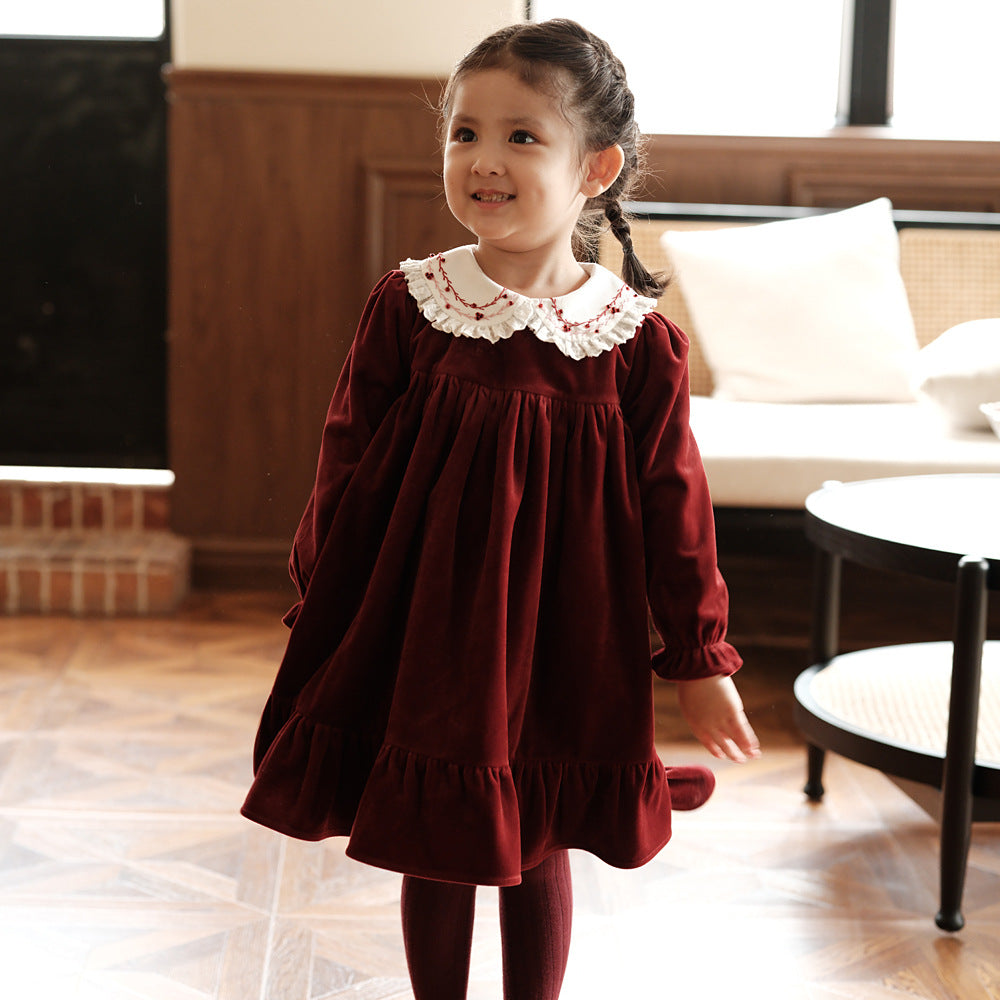 Gold Velvet Embroidered Dress,Red/Green,12M to 8T. Claret Red / 8T Gold Velvet Embroidered Dress,Red/Green,12M to 8T. Claret Red / 8T