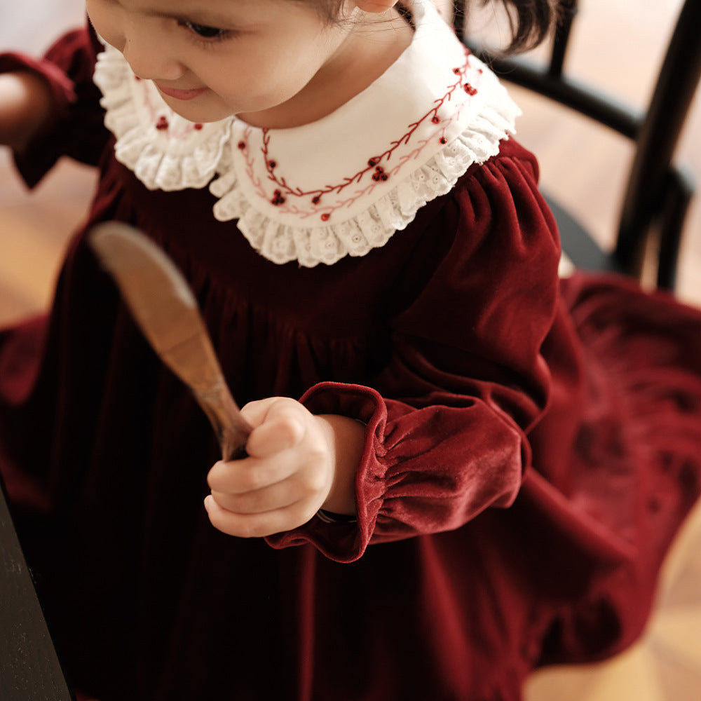 Gold Velvet Embroidered Dress,Red/Green,12M to 8T.