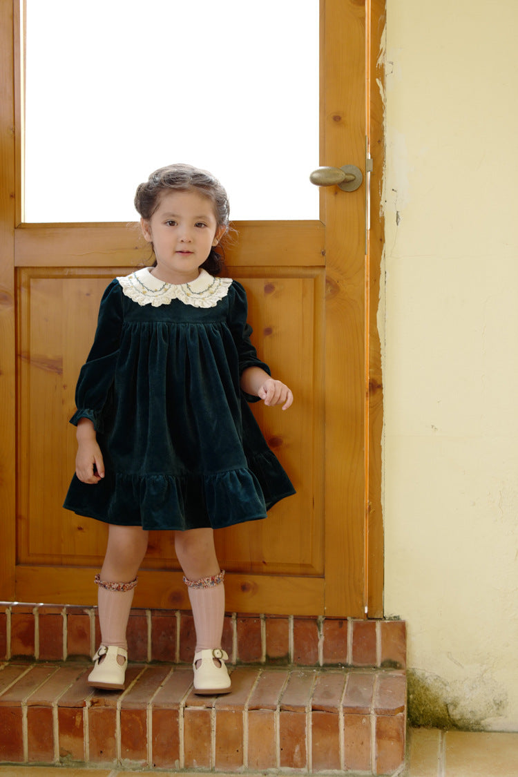 Gold Velvet Embroidered Dress,Red/Green,12M to 8T.