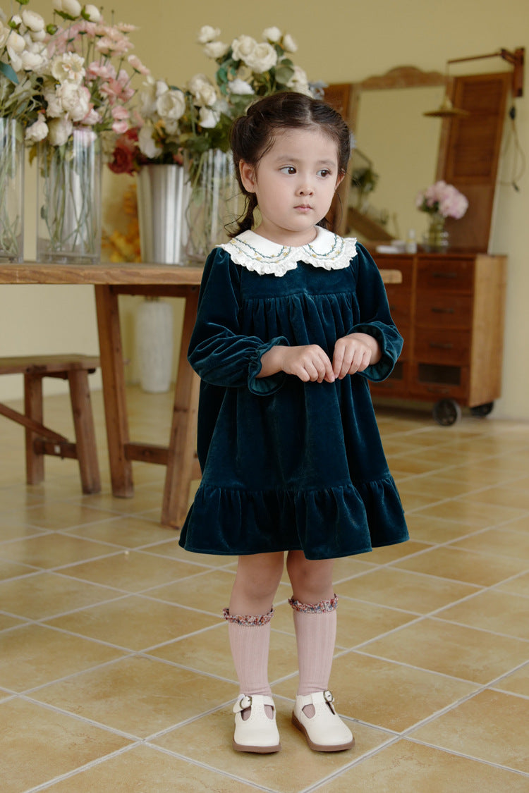 Gold Velvet Embroidered Dress,Red/Green,12M to 8T.