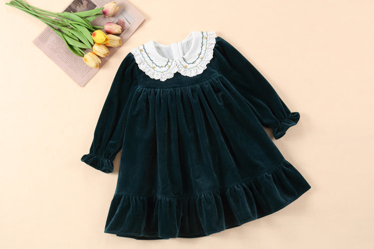 Gold Velvet Embroidered Dress,Red/Green,12M to 8T.