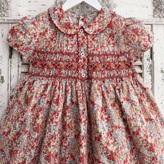 Vintage Floral Hand Smocked & Embroidered Girls Dress