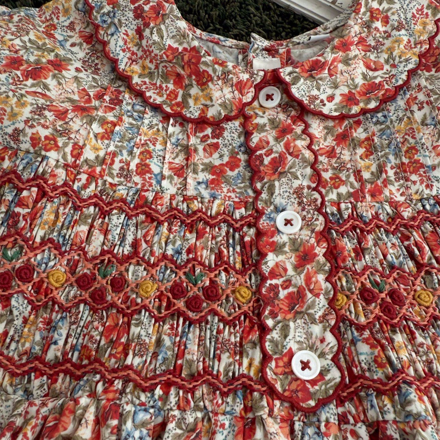 Vintage Floral Hand Smocked & Embroidered Girls Dress