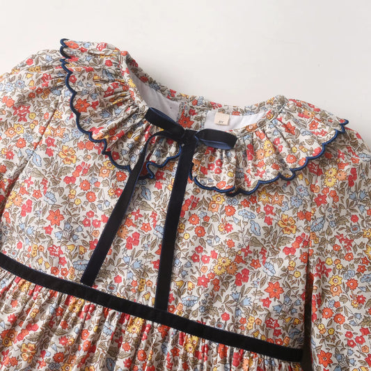 Vintage Meadow Floral Dress with Ruffled Collar,12M to 7T