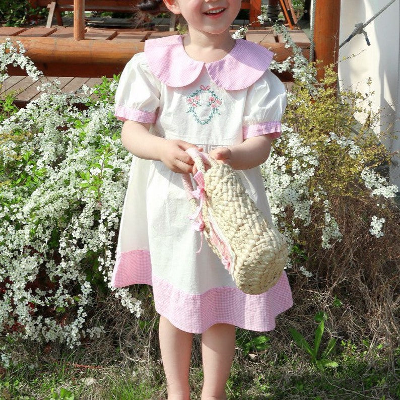 Peter Pan Collar Embroidered Dress,2T to 8T.