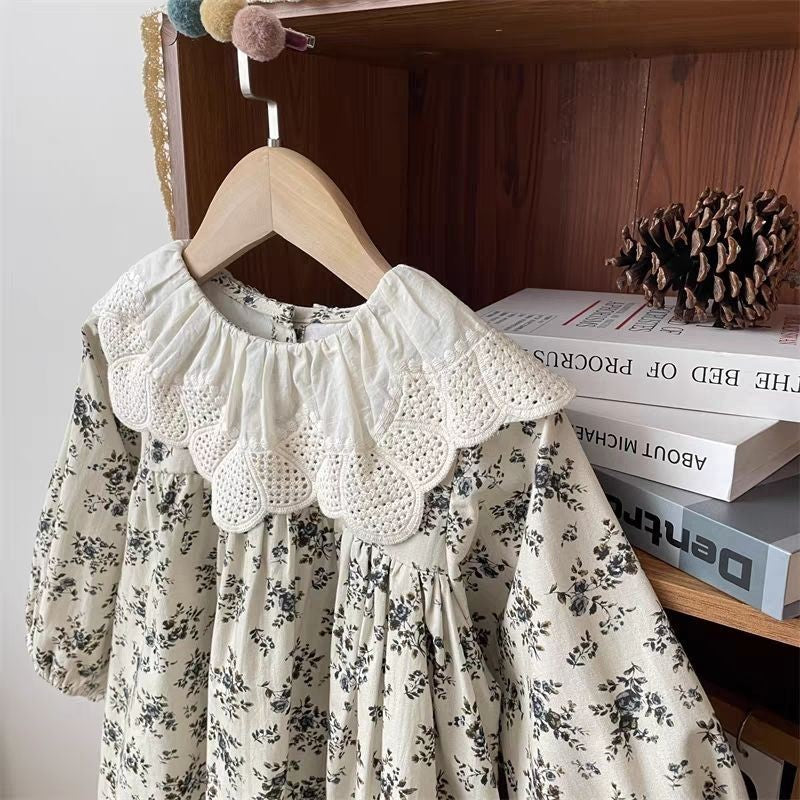 Vintage Floral Cotton Dress with Lace Collar,2T to 8T