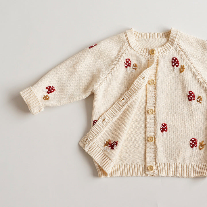 Hand Embroidered Mushrooms Cardigan,2T to 6T.