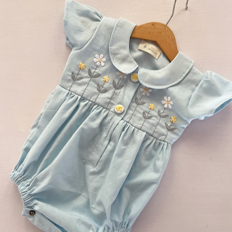 Blue Hand Embroidered Dress & Romper,0 to 8T.