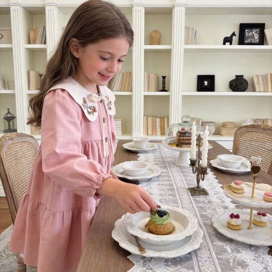 Blush Pink Robin Bird Embroidered Collar Girls Dress
