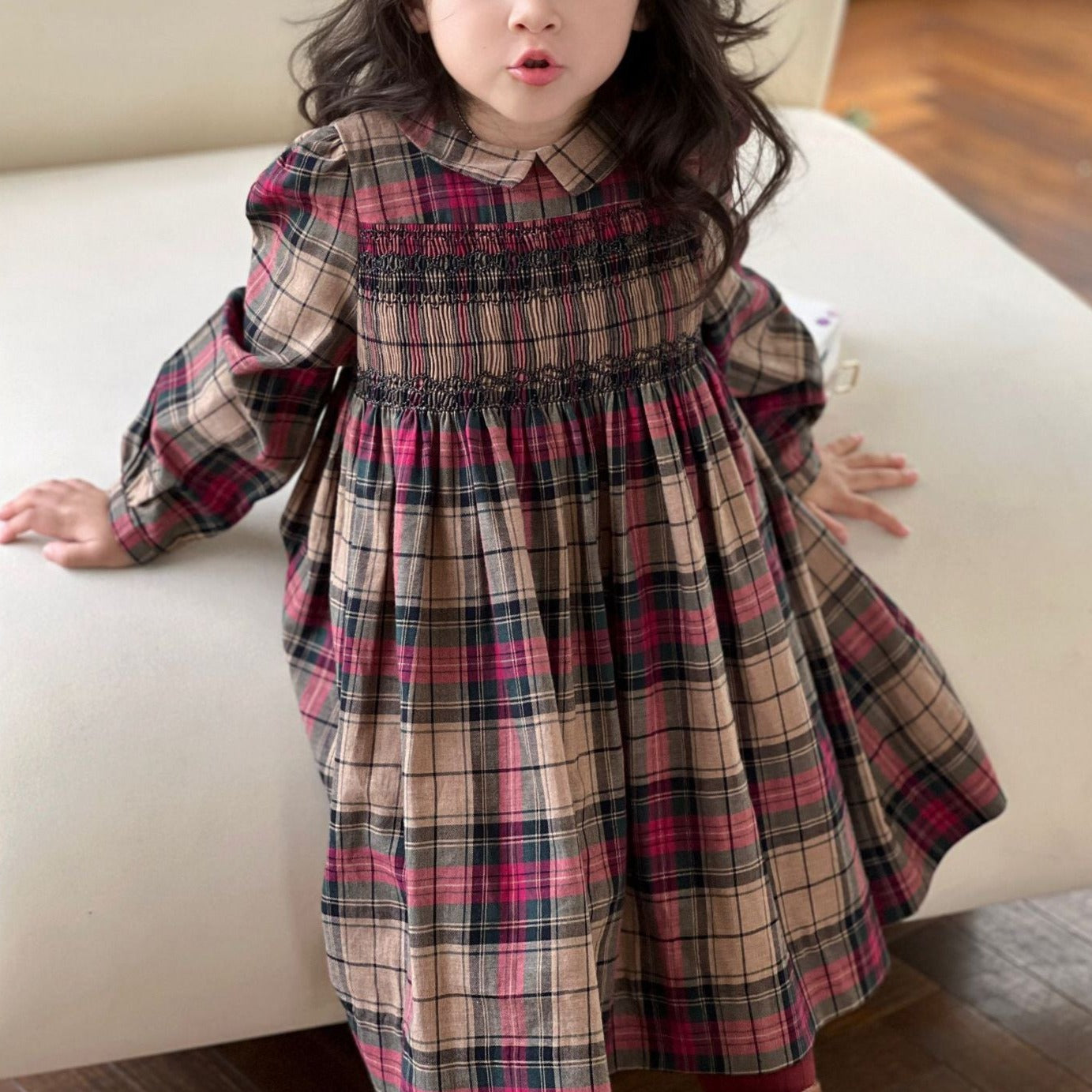 Hand Smocked Plaid Dress,3T to 12T.