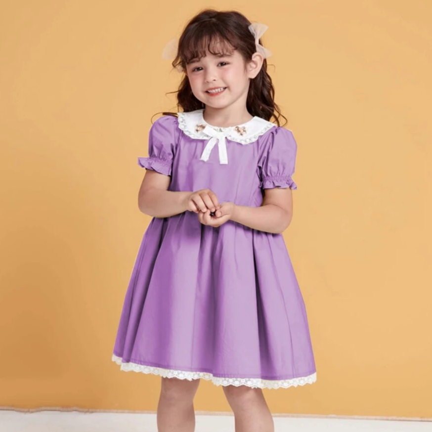 Cute Peter Pan Collar Dress With Embroidery,Green/Purple,12M to 5T.