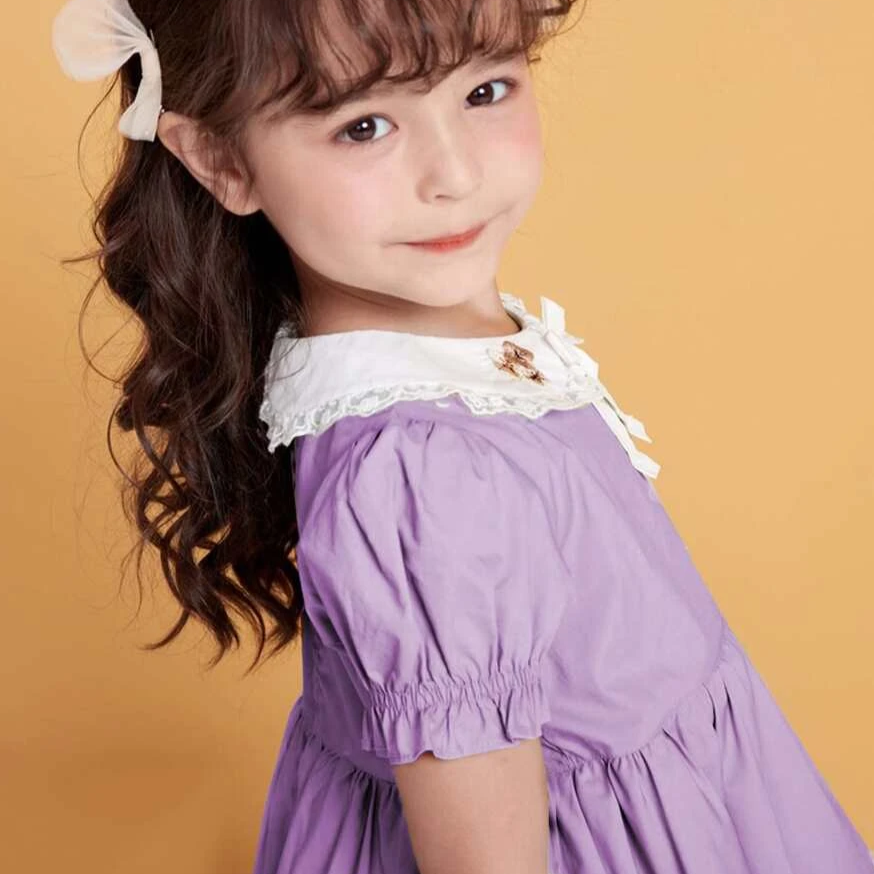 Cute Peter Pan Collar Dress With Embroidery,Green/Purple,12M to 5T.
