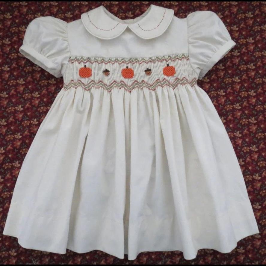 Hand Smocked Pumpkin & Acorn Dress,3M to 6T.