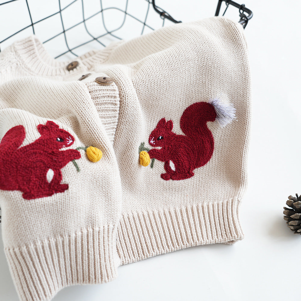 Hand Embroidered Squirrel Cardigan,2T to 6T.