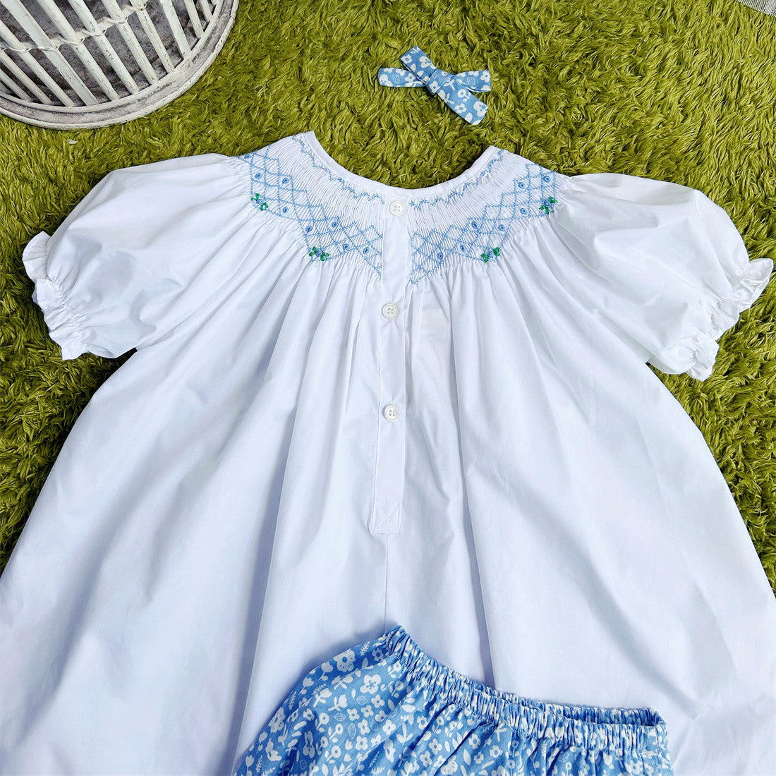 Hand Smocked Girls Dress with Blue Embroidery & Bloomers (3T–7T)