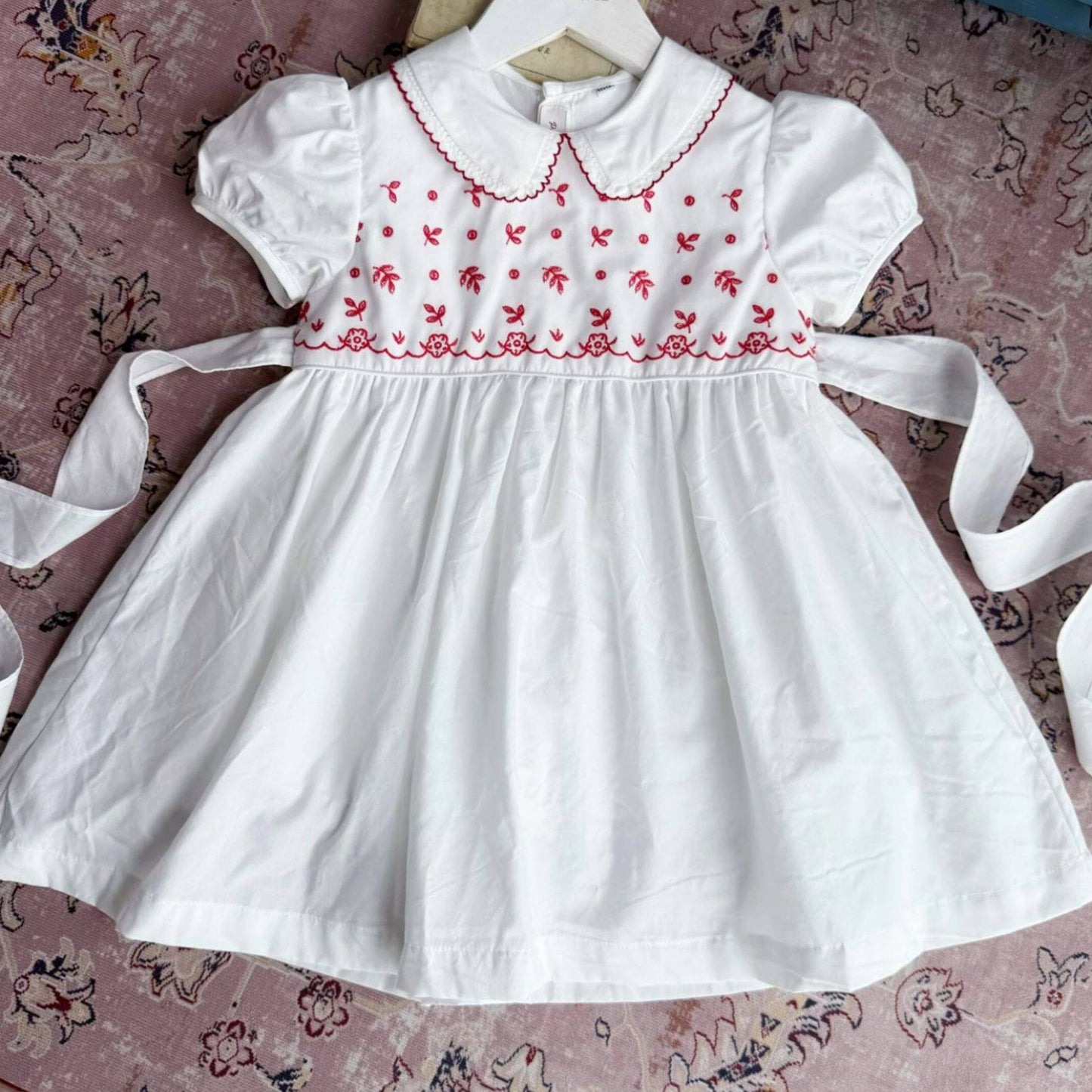 Classic White Girls Dress with Red Embroidery & Bloomers (2T–7T)