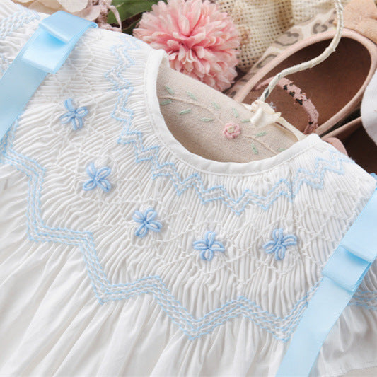 Hand-Smocked Bishop Dress with Blue Embroidery (12M–6T)