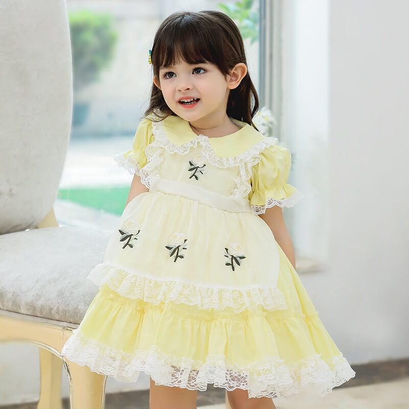 Spanish Style Lace Dress With Embroidery,Yellow/Pink,2T to 6T.