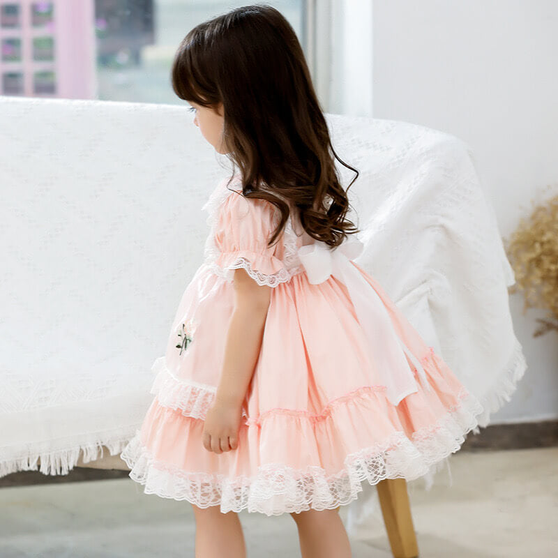 Spanish Style Lace Dress With Embroidery,Yellow/Pink,2T to 6T.