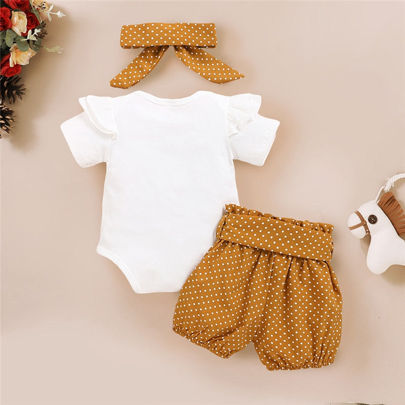Newborn Letter Print Romper Bodysuit+Dot Pants+Headband.