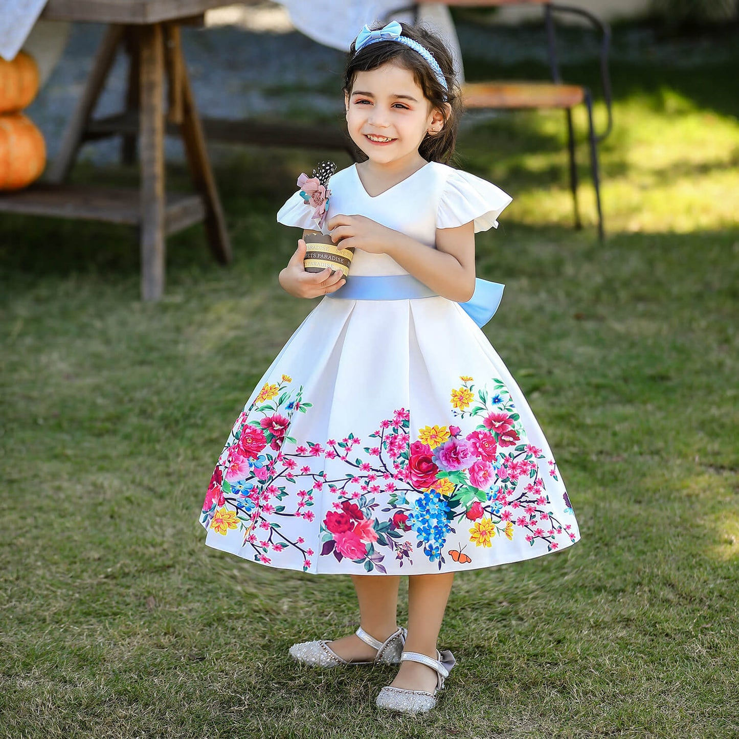 Floral Print Dress With Bow & Headband,White/Pink,12M to 7T.