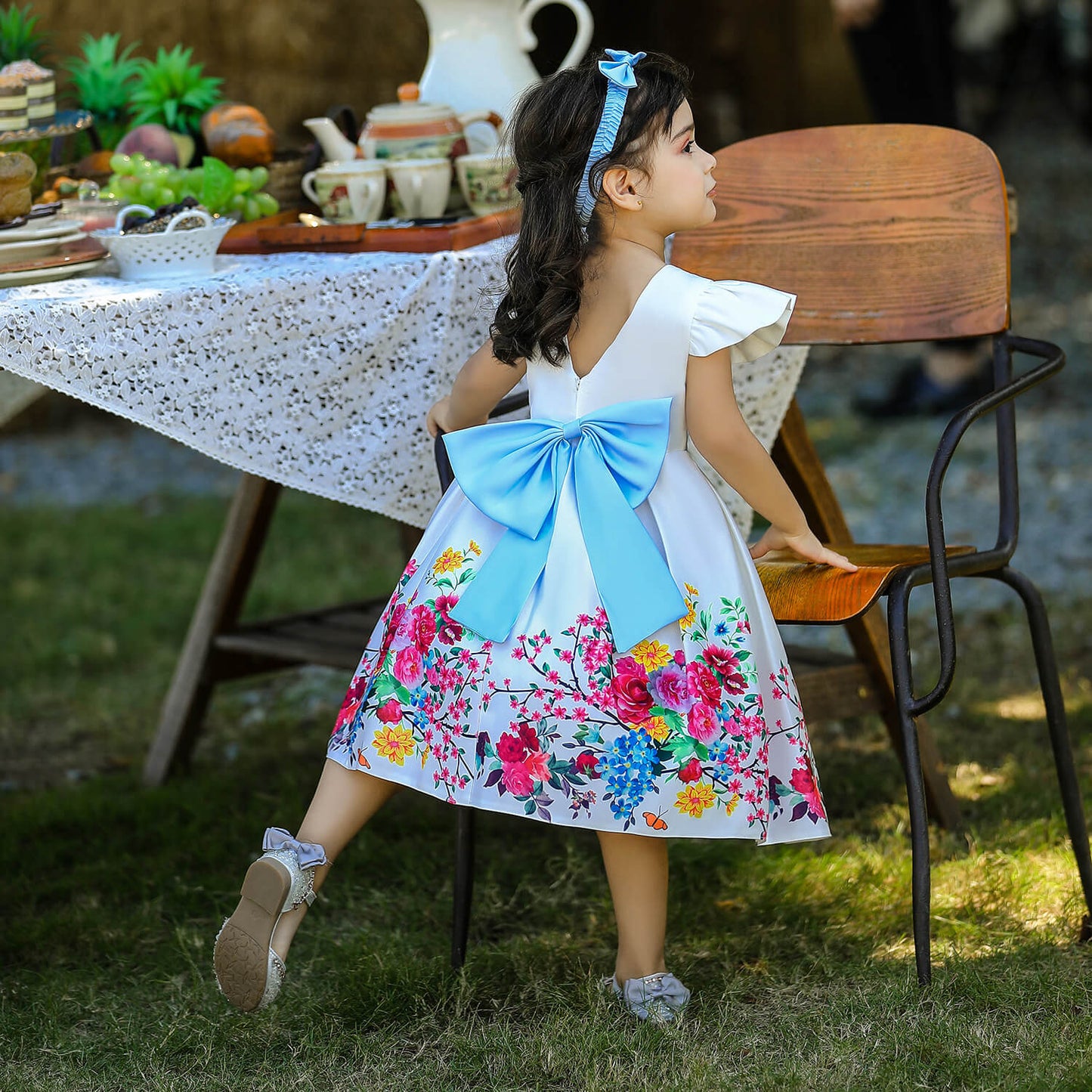 Floral Print Dress With Bow & Headband,White/Pink,12M to 7T.