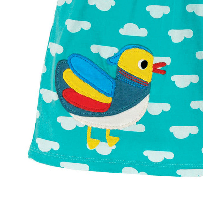 Short Sleeves Bird Applique Dress,2T to 7T.