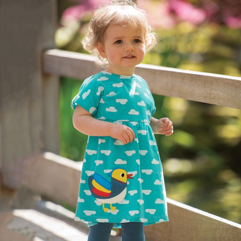Short Sleeves Bird Applique Dress,2T to 7T.