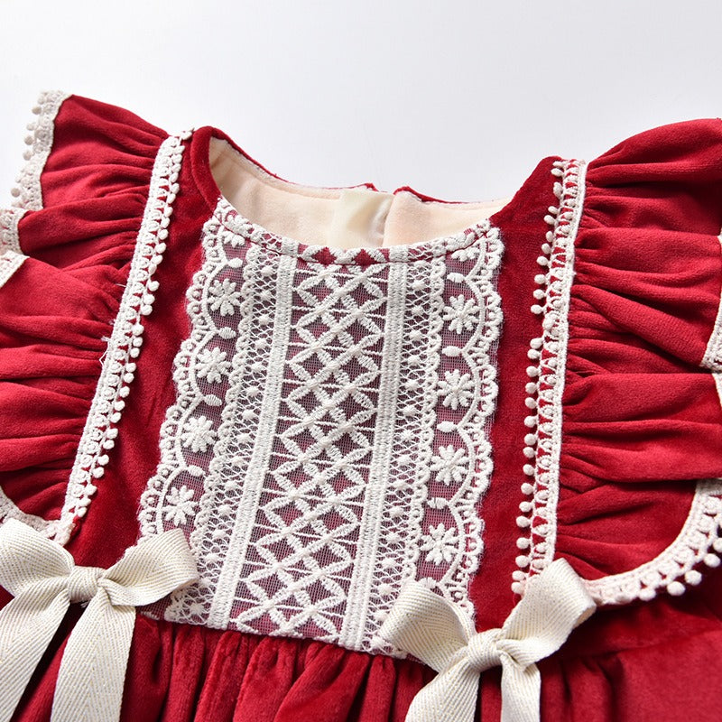 Cute Red Velvet Dress With Bonnet,6M to 4T.