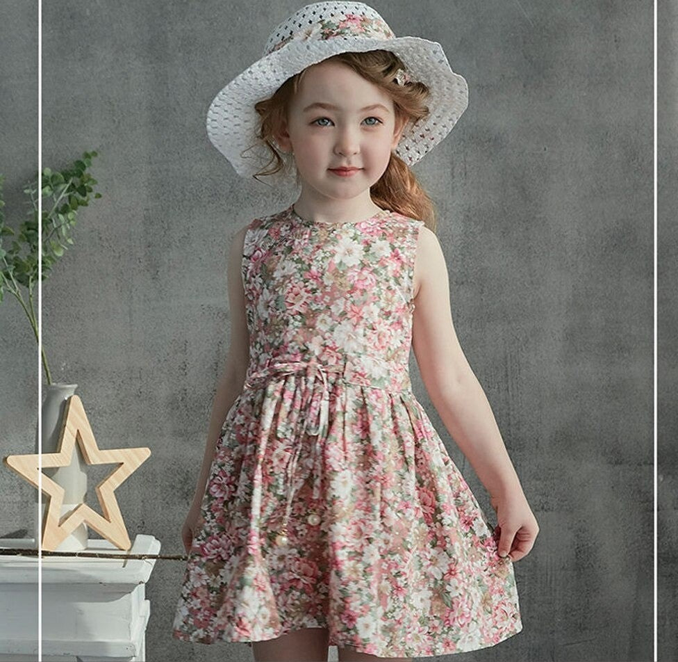 Sleeveless Floral Dress With Hat, Pink/Blue,2T to 6T.
