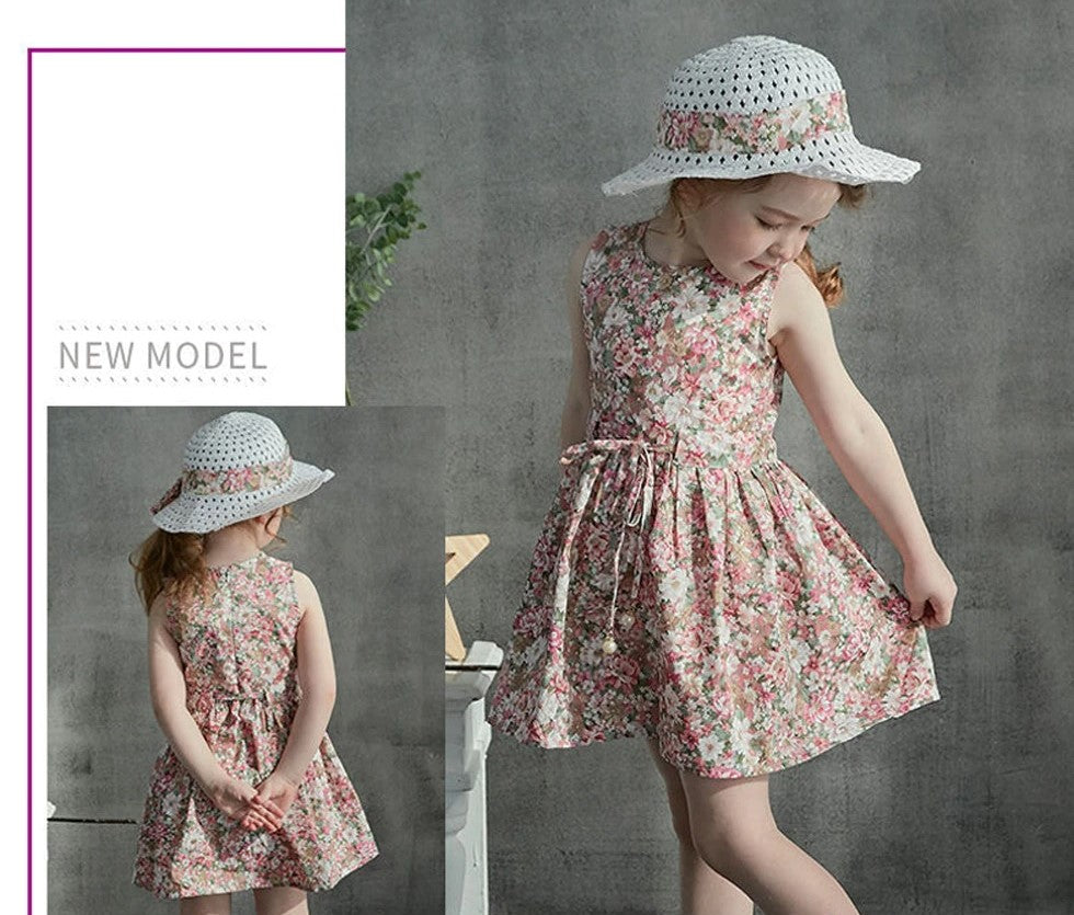 Sleeveless Floral Dress With Hat, Pink/Blue,2T to 6T.
