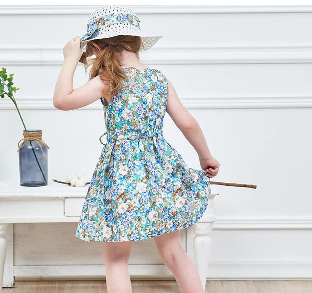 Sleeveless Floral Dress With Hat, Pink/Blue,2T to 6T.