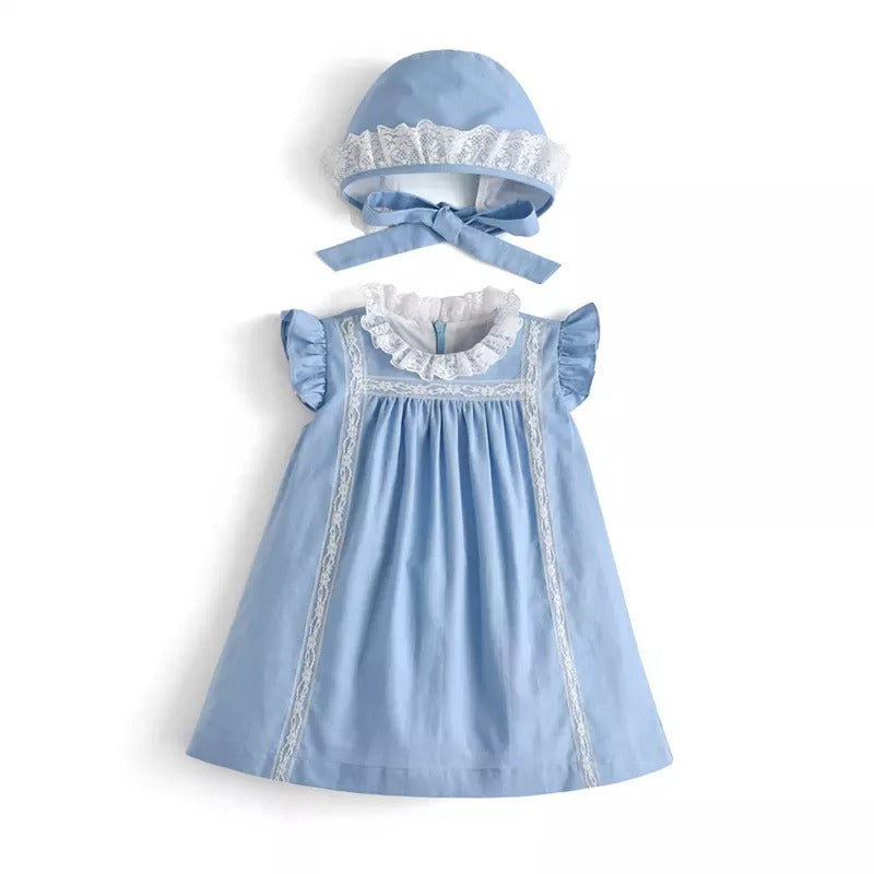 Blue Spanish Summer Dress With Bonnet,9M to 5T.
