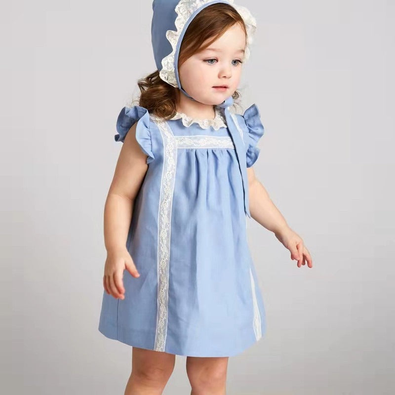 Blue Spanish Summer Dress With Bonnet,9M to 5T.