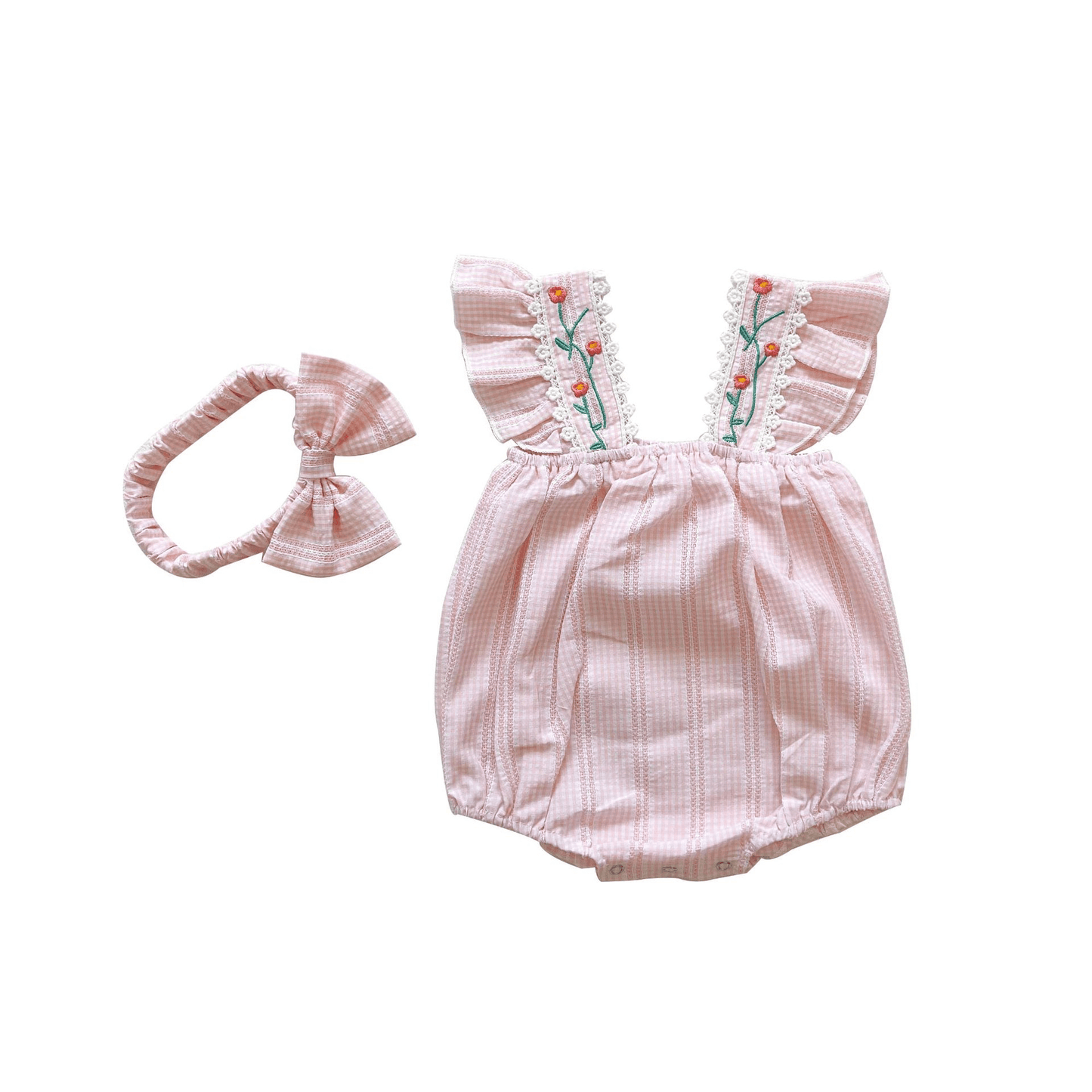 Cute Embroidered Romper,Pink,6M to 3T.