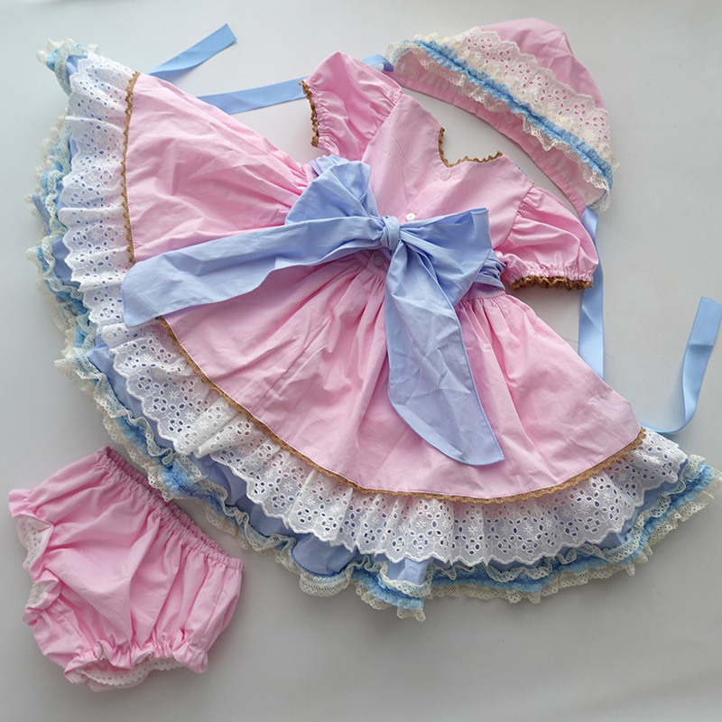 3Pc Pink & Blue Spanish Lolita Dress,12M to 6T.