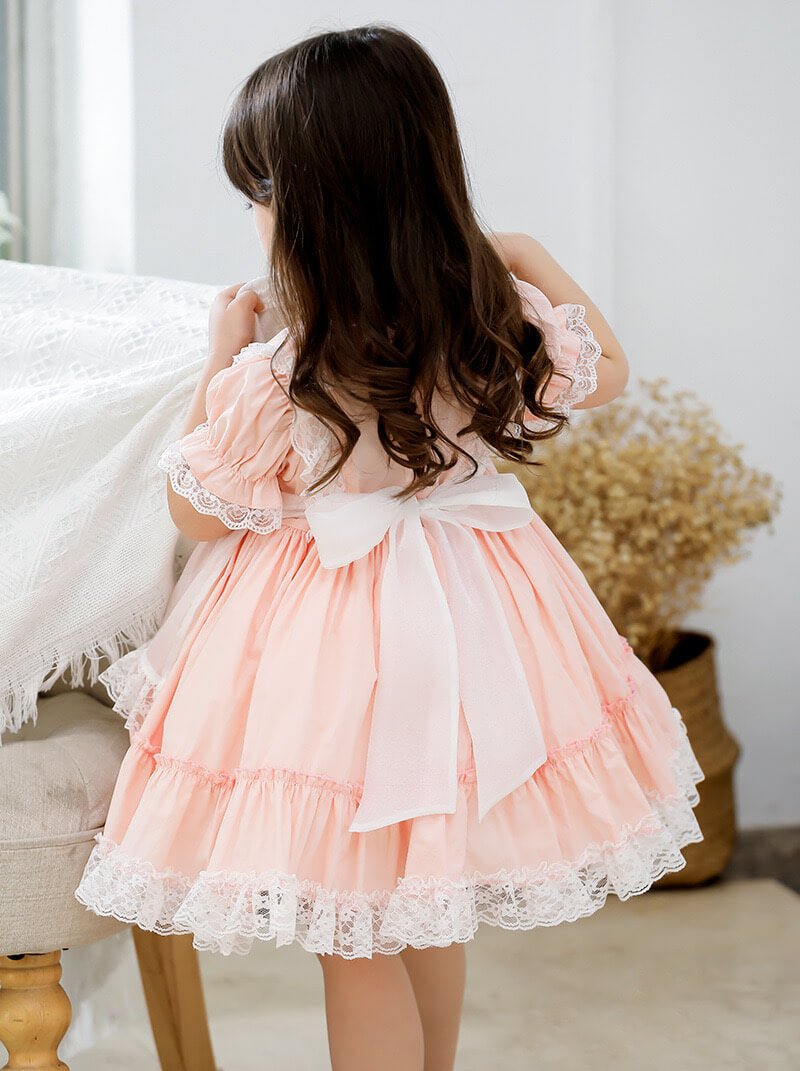 Spanish Style Lace Dress With Embroidery,Yellow/Pink,2T to 6T.