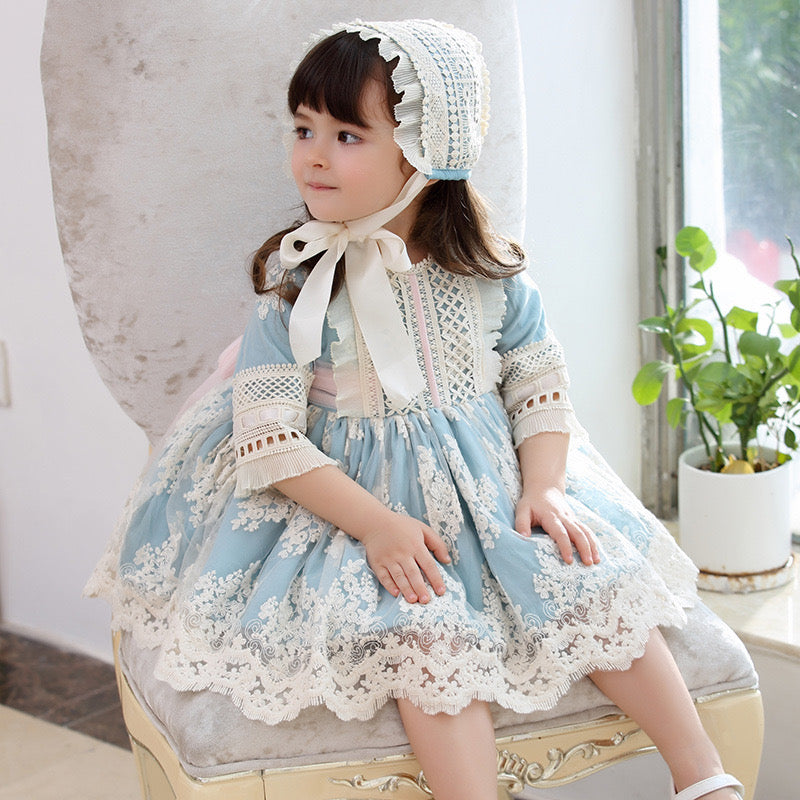 3Pc Stunning Vintage Style Lace Dress,Pink/Blue,12M to 6T. Blue / 12M 3Pc Stunning Vintage Style Lace Dress,Pink/Blue,12M to 6T. Blue / 12M