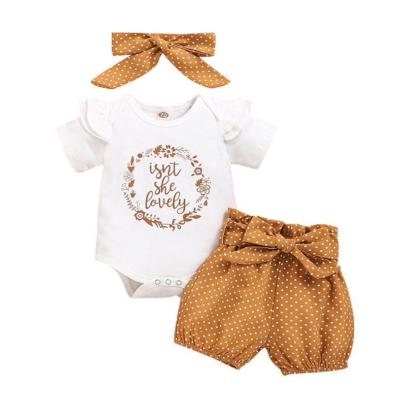 Newborn Letter Print Romper Bodysuit+Dot Pants+Headband.