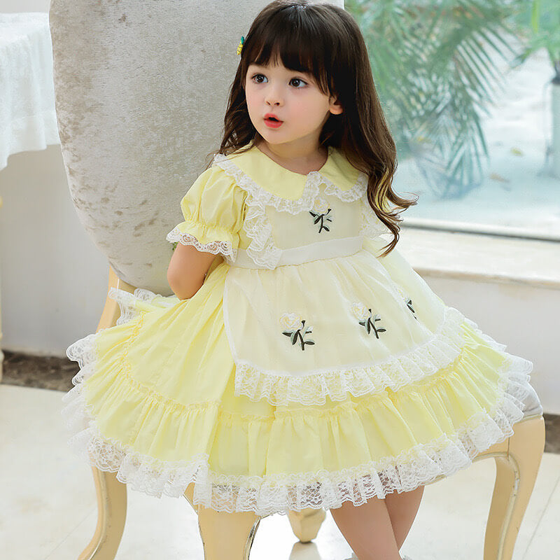 Spanish Style Lace Dress With Embroidery,Yellow/Pink,2T to 6T.