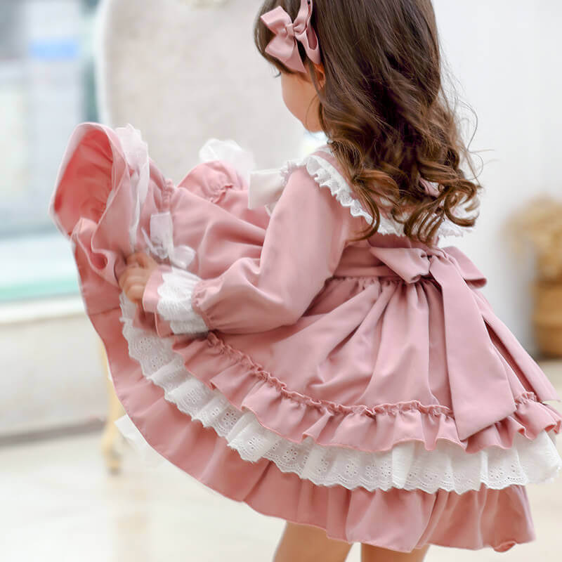 Spanish style Lolita Dress with bows, Pink/Blue, 12M to 5T.