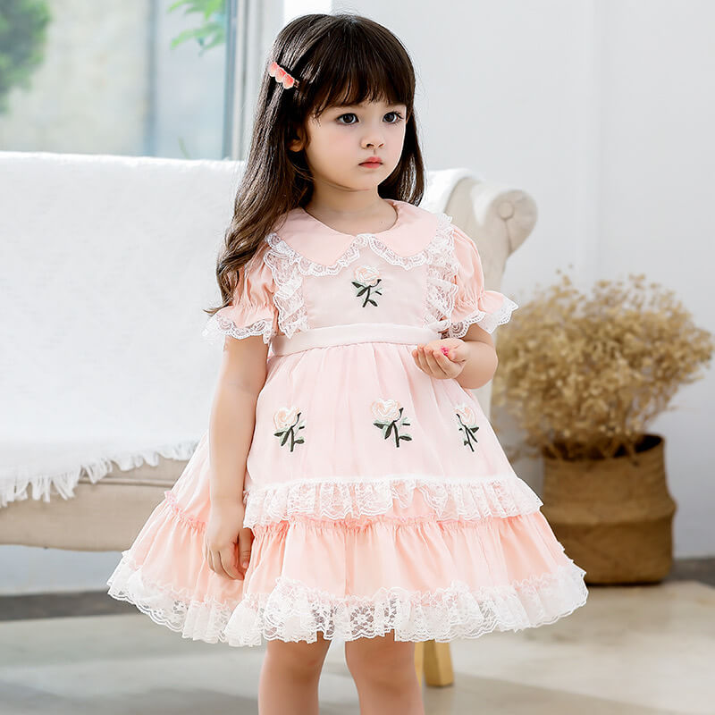Spanish Style Lace Dress With Embroidery,Yellow/Pink,2T to 6T.