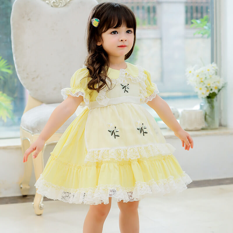 Spanish Style Lace Dress With Embroidery,Yellow/Pink,2T to 6T.