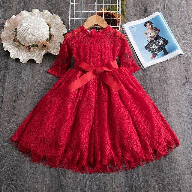 Girls Flower Red Lace Party Dress - Dream Town Store