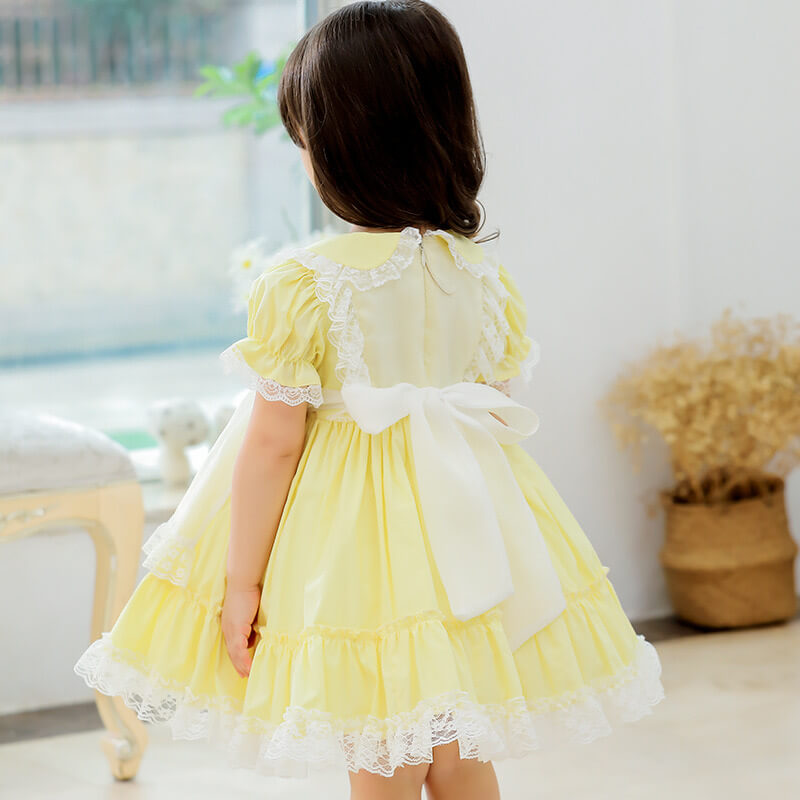 Spanish Style Lace Dress With Embroidery,Yellow/Pink,2T to 6T.