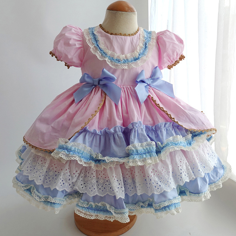 3Pc Pink & Blue Spanish Lolita Dress,12M to 6T.