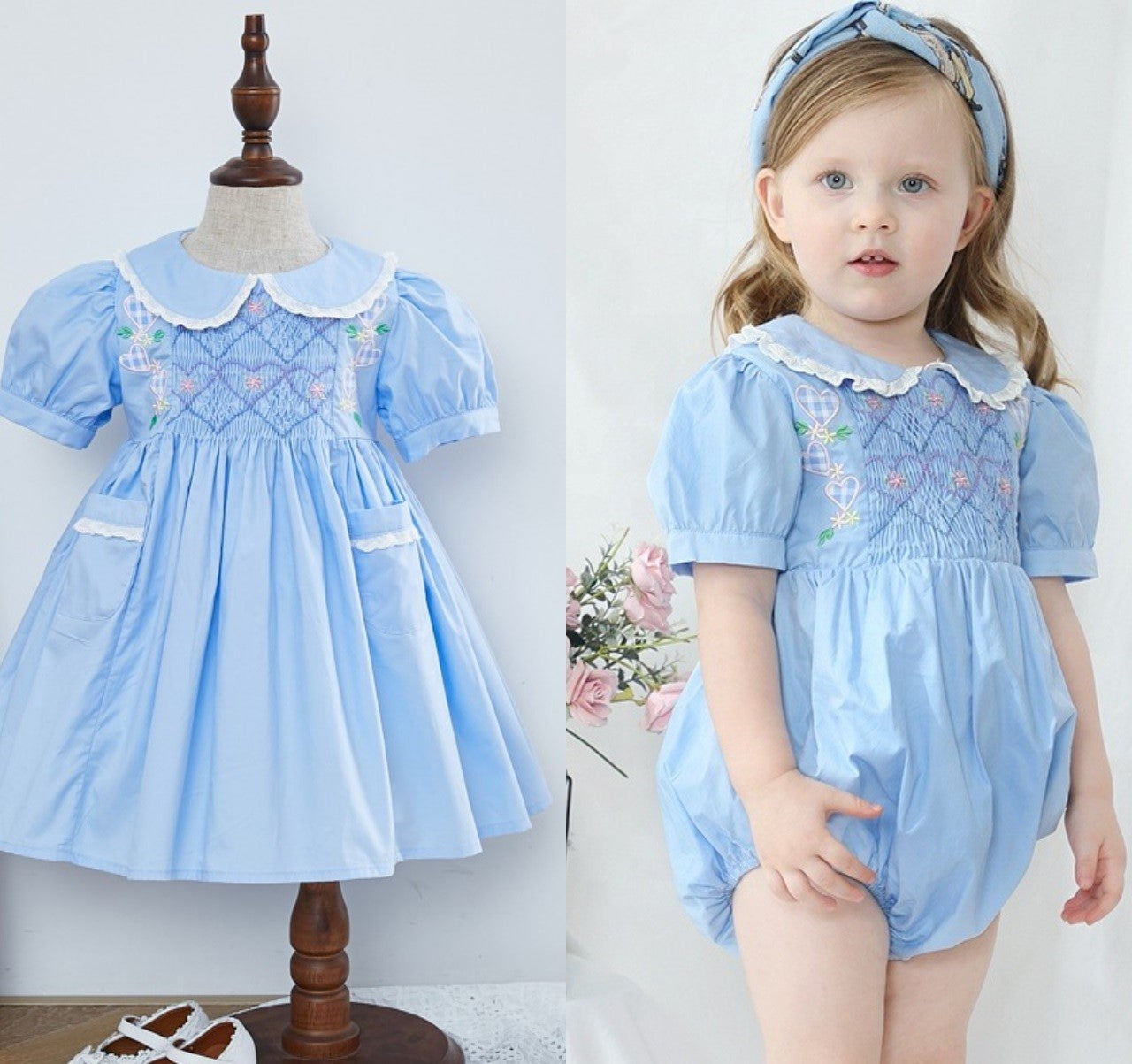 Blue Matching Sister Smocked Dress & Bubble,12M To 6T.